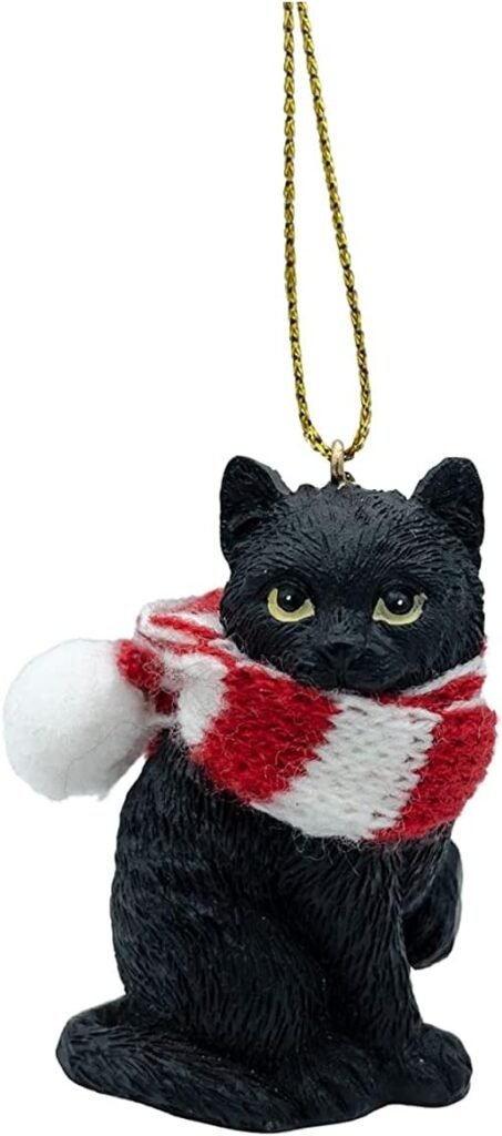 Black Longhair Tabby Kitty Cat Christmas Tree Ornament with Candy Cane Scarf