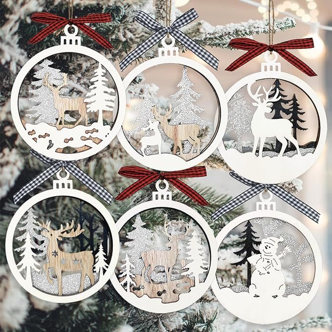 Christmas Farmhouse Rustic Ornaments Set Wood Tree Ornaments Round Wooden Christmas Tree