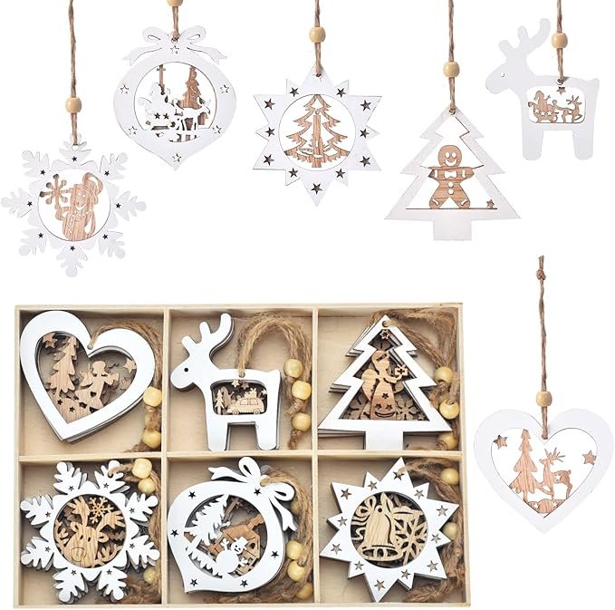 Christmas Tree Ornaments Wooden Craved Hanging Craft Decorations