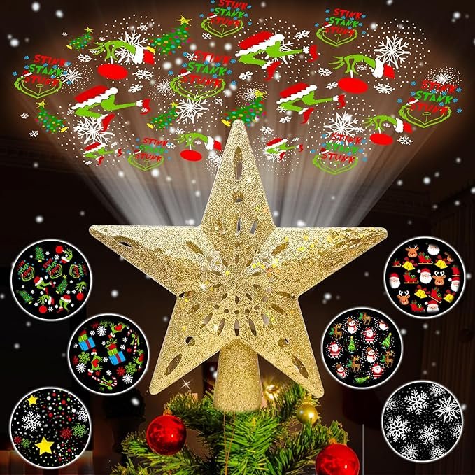 Christmas Tree Topper Star Lighted with 6 Projection Modes,Christmas Star Tree Topper