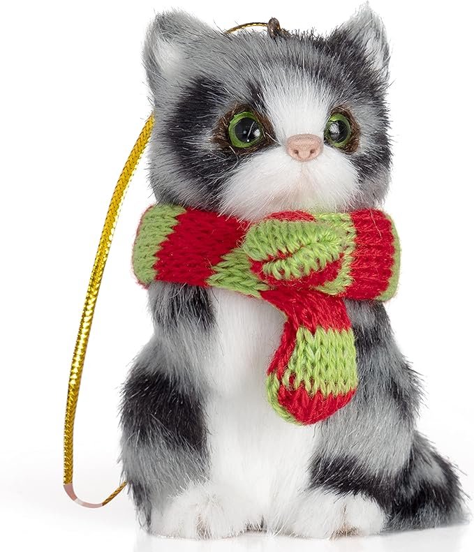 Ornativity Christmas Mini Cat Ornament Furry Black Kitty Kitten with Scarf Xmas