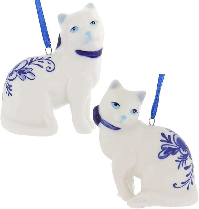 Porcelain Delft Blue Cat Ornament Set Of 2 for Christmas