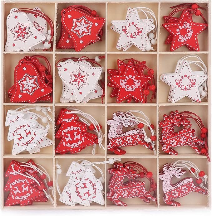 Red and White Christmas Ornaments Wooden Christmas Decorations