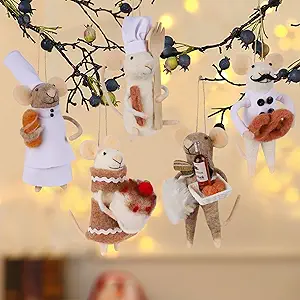 Set of 5 Christmas Felt Mice Ornaments, 4.7" Mini Hanging Wool Chef Mouse Figurines