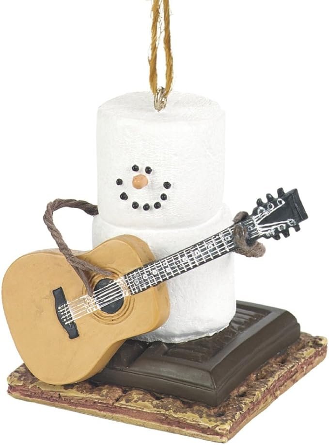Snowman Ornament Marshmallow Snow Man Playing Guitar On S'mores Chocolate and Graham Cracker