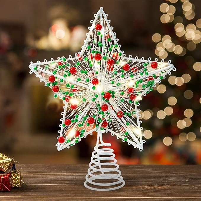 Whaline Christmas Star Tree Topper 8.3 Inch Red Green Berries Dotted 